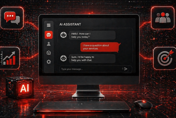 AI chatbot interface on a central computer screen with floating icons for chat, analytics, users, and targeting in a futuristic red and black digital environment