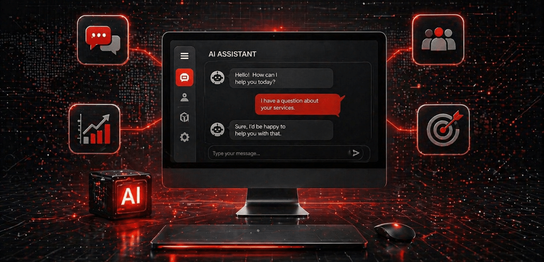 AI chatbot interface on a central computer screen with floating icons for chat, analytics, users, and targeting in a futuristic red and black digital environment